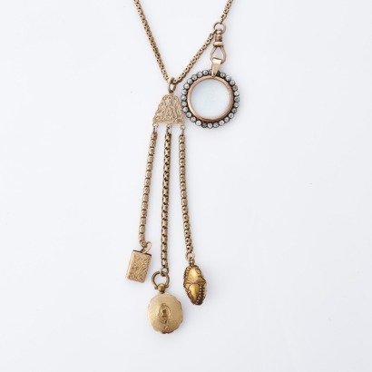 Rolled Gold, 146cm Guard Chain with Fob Charms and Glass-Set Locket