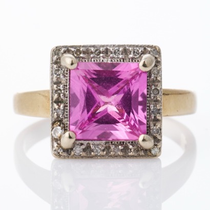 9ct Gold, 2.75ct Synthetic Pink Sapphire / 0.10ct Diamond Cluster Ring
