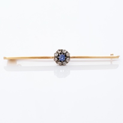 18ct Yellow Gold, Vintage, Sapphire / 0.30ct Old Mine-Cut Diamond Bar Brooch