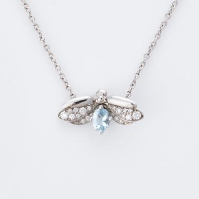 Tiffany & Co, 40cm Platinum, Aquamarine / Diamond Firefly Necklace with Box - Near new