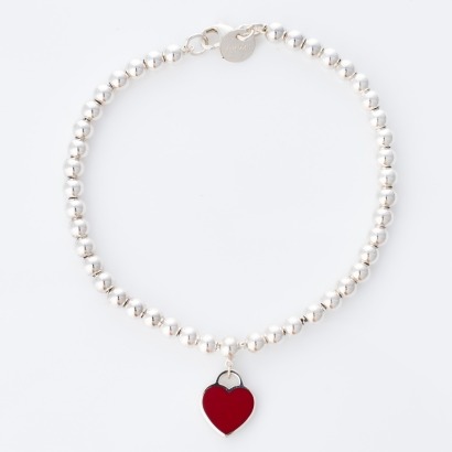 Tiffany & Co, 17cm Sterling Silver, Diamond-Accented Mini Heart Tag Beaded Bracelet with Box