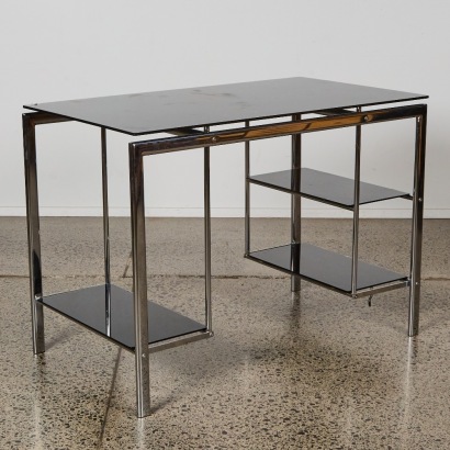 A Chrome and Smokey Black Glass Desk