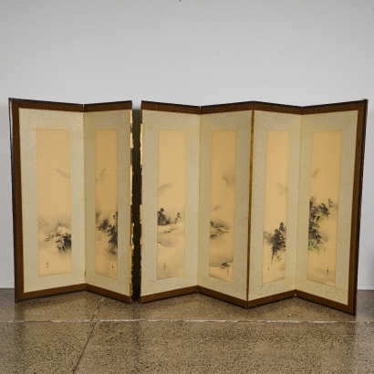 An Early 20 Century Japanese Large Six Panel Ink Landscape Screen, Damaged