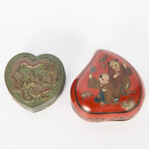 A Set of Two Boxes Comprising a Red Lacquer Figure Box and a Pewter Dragon Lidded Box