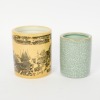 A Set of Two Chinese Brush Pots, One Black Painted with Landscape Motifs and One Celadon Crackle Glazed