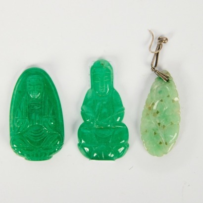 A Set of Three Chinese Carved Jadeite Guanyin Pendants
