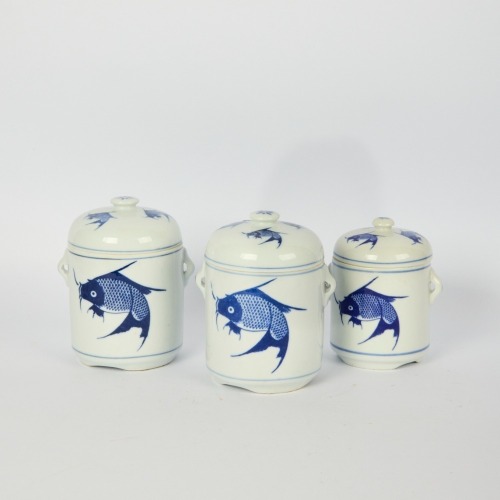A Group of Three Chinese 20th Century Blue and White 'Fish' Jars and Covers