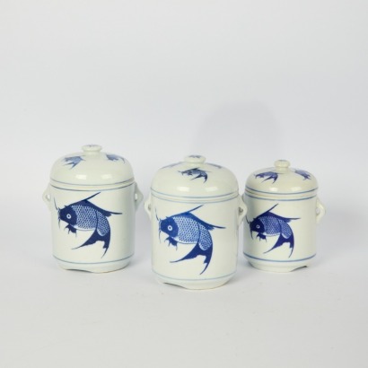 A Group of Three Chinese 20th Century Blue and White 'Fish' Jars and Covers