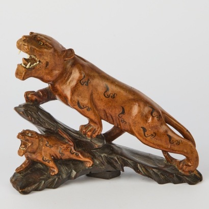 A Vintage Hand Carved Chinese Tiger and Cub