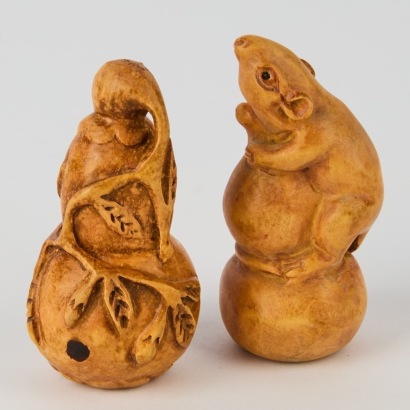 A Pair of Wooden Rat & Gourd Netsuke