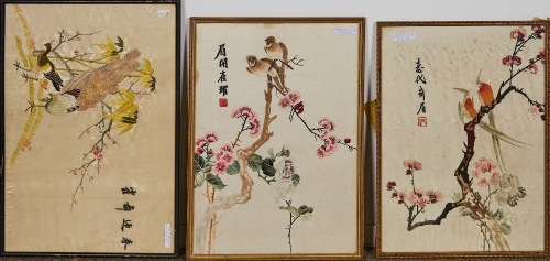 A Set of Three Mid 20 Century Chinese Embroidered Panels with Birds and Flowers