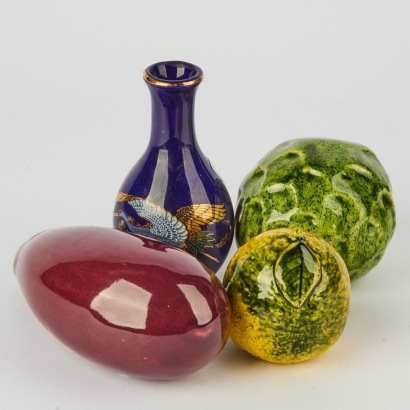A Blue Glazed Vase and Three Ceramic Fruit Ornaments