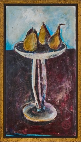 An Original Framed Oil on Board Work. Pears in Pedestal Bowl, Artist Unknown