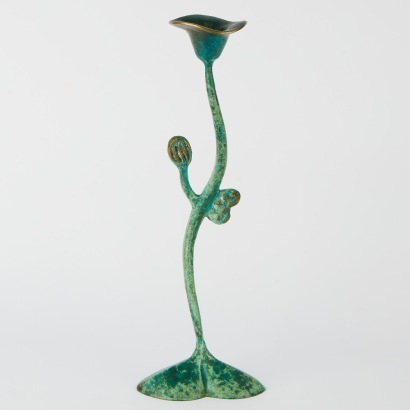 A Mathew Von Sturmer Tulip Candle Holder featuring a Verdigris Bronze finish