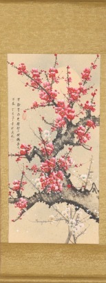 A Chinese Painting of Plum Blossoms Mounted as a Hanging Scroll