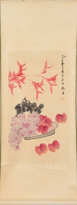 A Chinese Painting of Bamboo and Fruit Mounted as a Hanging Scroll