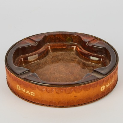 A Vintage NAC NZ-Made Kaaru Glass and Leather Ashtray