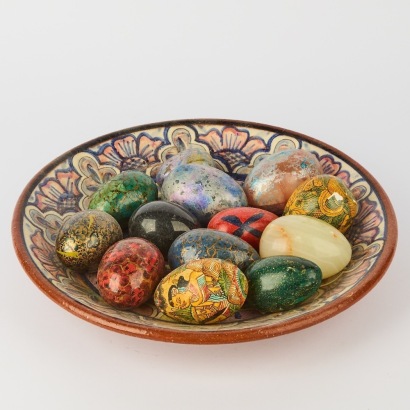 A Collection of Thirteen Hand Decorated Eggs in A Vintage Hand-Painted Stoneware Dish