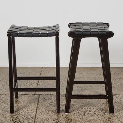 A Pair of Black Woven Leather Counter Stools