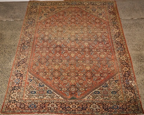 A Large Antique Hand-Knotted Persian Herati Carpet (Old Repair)