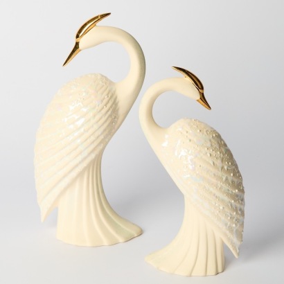 A Pair of Vintage Iridescent White Ceramic Crane Figures