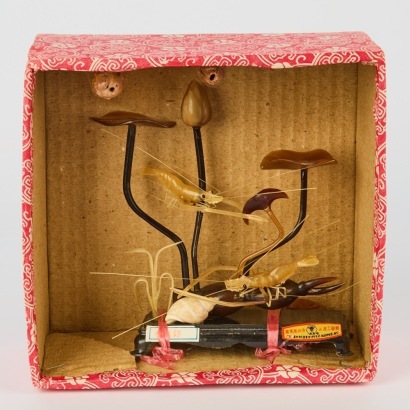 A Vintage Buffalo Horn Sculpture Depicting a Lotus Pond with Shrimps and Crabs