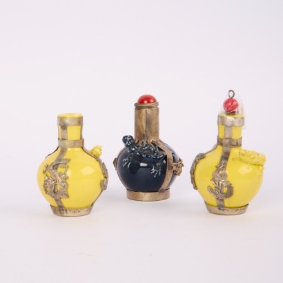 A Group of Three 20 Century Chinese Dragon Decorated Snuff Bottles, Comprising a Pair of Yellow Glazed Examples and a Blue Glazed Example