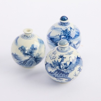 A Group of Three 20 Century Chinese Blue and White Landscape and Dragon Decorated Snuff Bottles