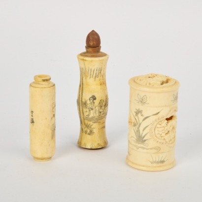 A Group of Three 20 Century Chinese Carved Bone Small Bottles