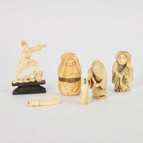 A Group of Six 20 Century Chinese Carved Bone Figural Ornaments