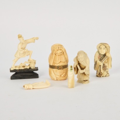 A Group of Six 20 Century Chinese Carved Bone Figural Ornaments