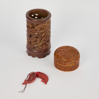 A Group of Three 20 Century Chinese Carved Wood Items, Comprising a Dragon Decorated Brush Pot, a Figural Small Box and Cover, and a Fish Decorated Small Ornament
