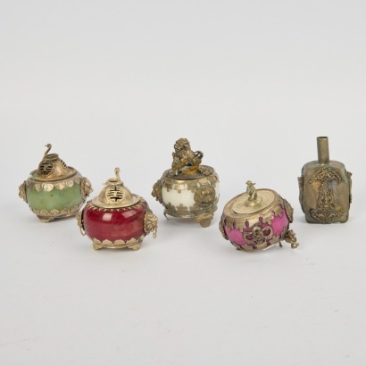 A Group of Five 20 Century Chinese Jade Mounted Silver Small Censers