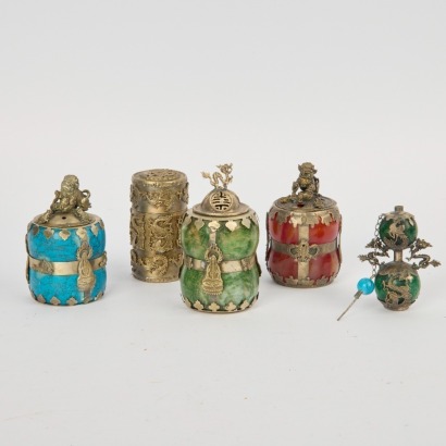 A Group of Five 20 Century Chinese Jade Mounted Silver Small Censers and Snuff Bottles