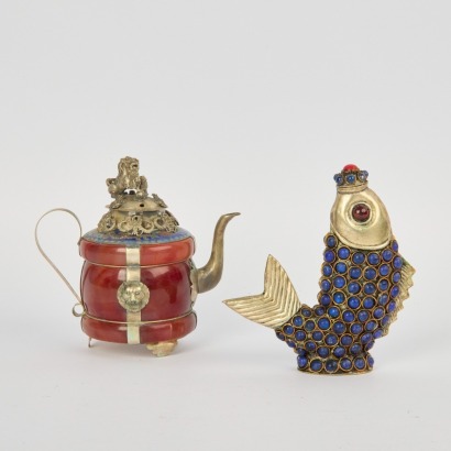 A 20 Century Chinese Red Agate Cloisonn&radic;&copy; Enamel Silver Mounted Teapot and a Silver Mounted Fish Form Snuff Bottle