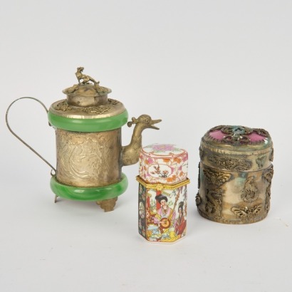 A Group of Three 20 Century Chinese Items, Comprising a Jade Mounted Silver Teapot, a Jar and Cover, and a Painted Porcelain Small Jar and Cover