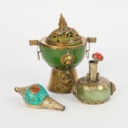 A Chinese Jade Mounted Copper Censer, a Snuff Bottle and a Small Turquoise Gourd