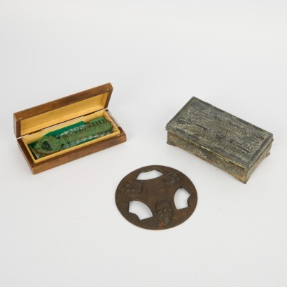 A Group of Three Items Comprising a Metal Jewellery Box, a Wooden Box and a Metal Cover