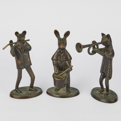 A Band of Heavy Cast Bronze Animal Musician Figures