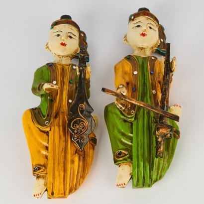 A Set of Two Asian 20th Century Carved Wood Figural Hanging Ornaments