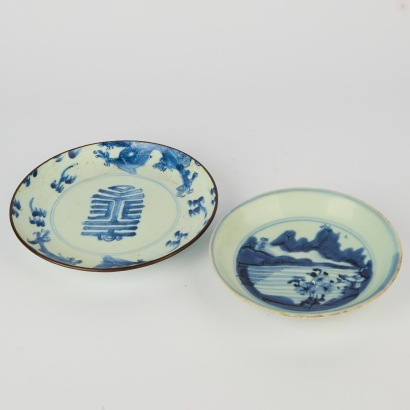 A Set of Two Chinese 19th Century Blue and White Dishes, Comprising a 'Shou' Dish and a 'Landscape' Dish