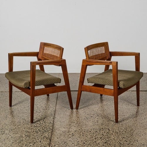 A Pair of Gunlocke Mid-Century Walnut and Cane Armchairs, c.1960s USA