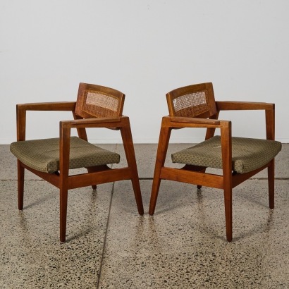 A Pair of Gunlocke Mid-Century Walnut and Cane Armchairs, c.1960s USA