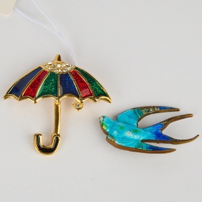 A Pair of Vintage Gold-Tone and Enamel Brooches