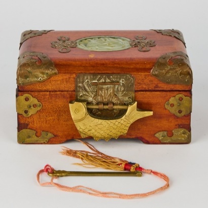 A Rosewood Jewellery Box with Jade Inlay and Brass Fish Padlock/Key