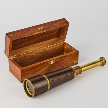 A Brass Naval Telescope in Wooden box with Brass Anchor Detailing