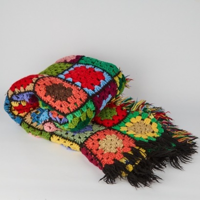 A Colourful Vintage Fringed Large Crochet Blanket