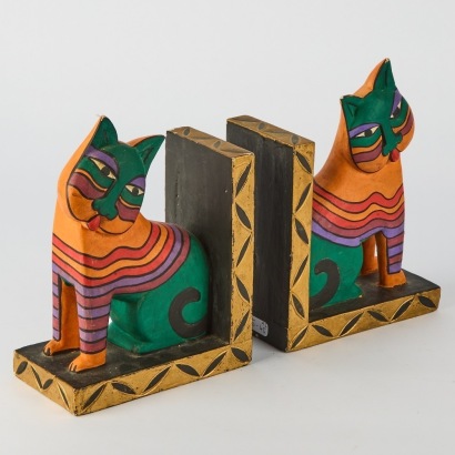A Pair of Postmodern Laurel Burch-Style Cat Bookends