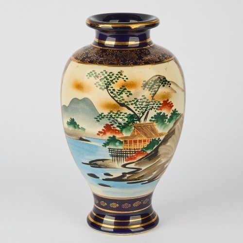 A Japanese Satsuma Cobalt Blue and Gilt Porcelain Vase