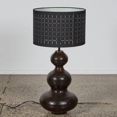 A Vintage Beaten Copper Gourd Lamp with Shade